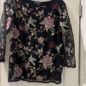 Karen Kane Black Top with Pink and Green Floral Embroidery